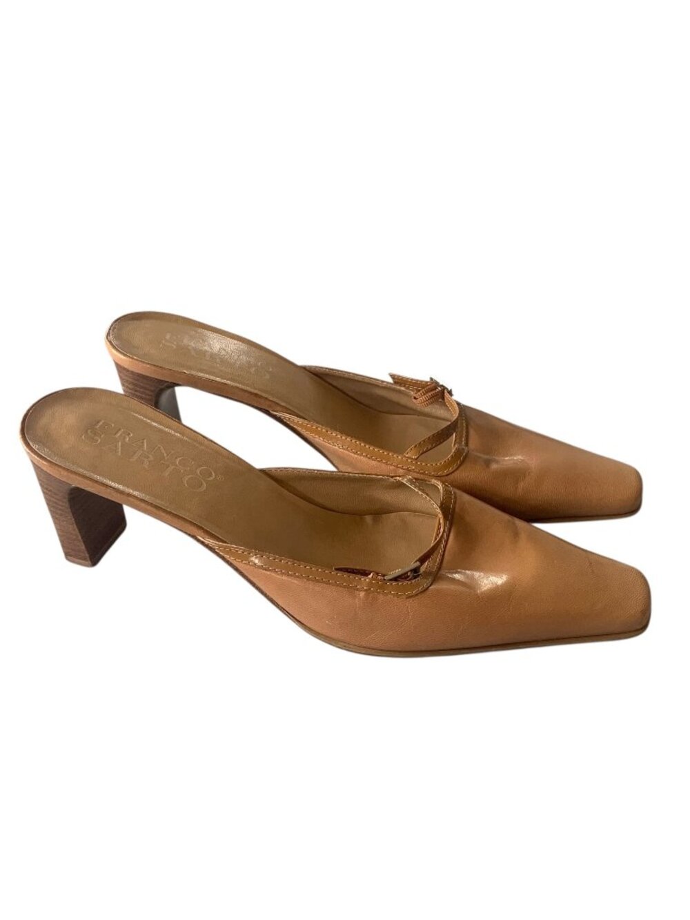 FRANCO SARTO Camel Brown Leather Square Toe Women’s Heeled Slip-On Mules 8.5